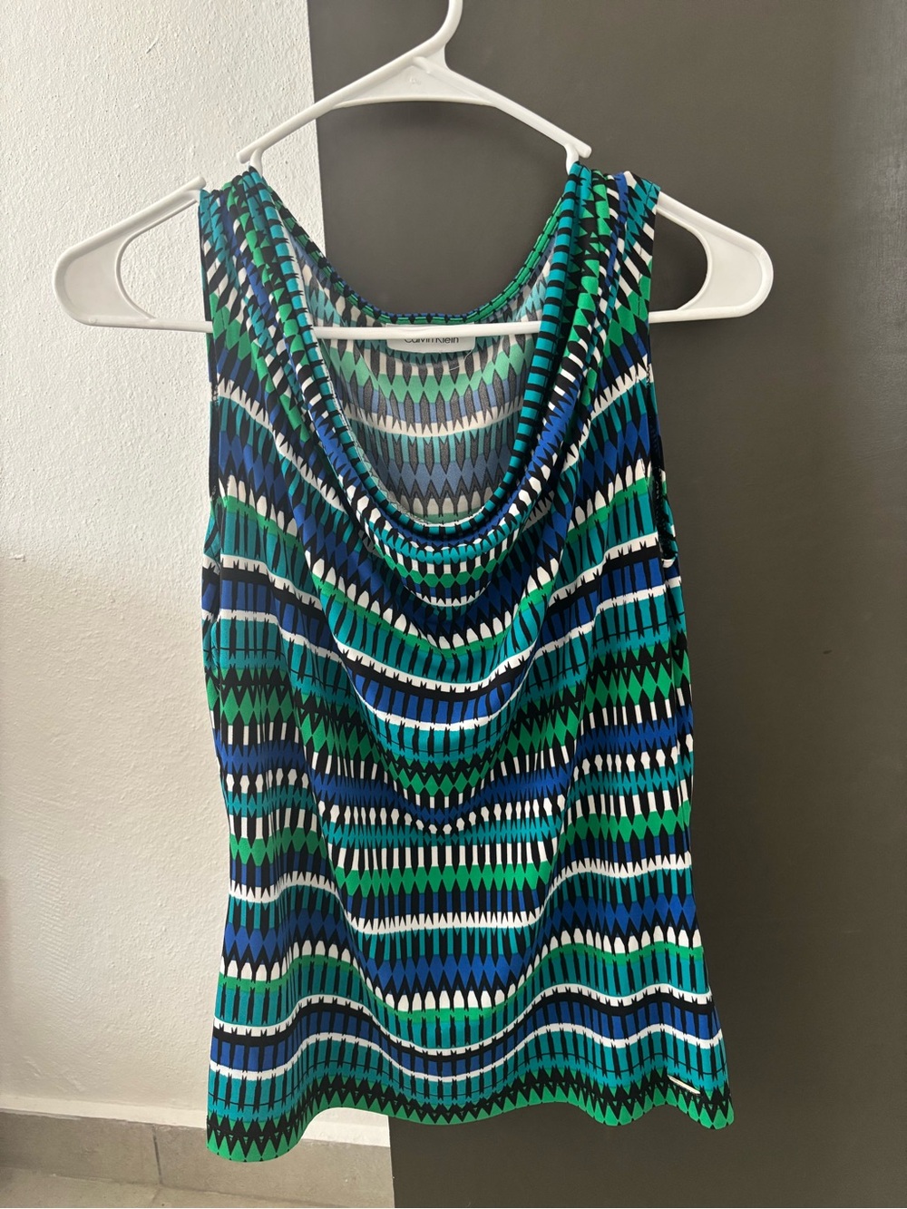 Calvin Klein Geometric Cowl Neck Sleeveless Blouse Blue Green Small Fit